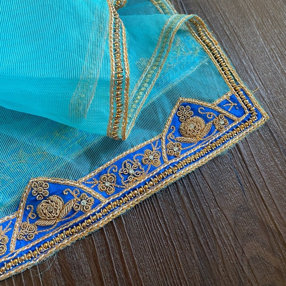 Turquoise blue gold sheer scarf shawl dupatta - Picture 4 of 4